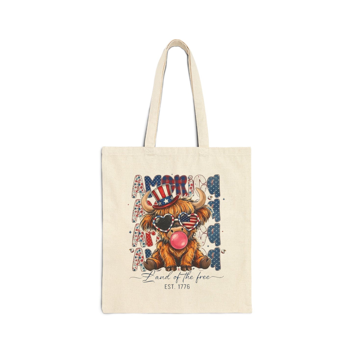 #250 American Flag Bubblegum Patriotic Highland Cow Canvas Tote Bag