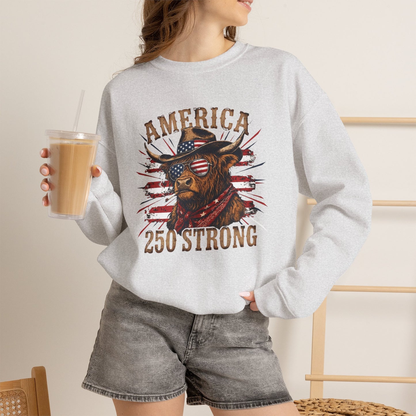 #250 America 250 Strong Patriotic Bull with American Flag Sweatshirt
