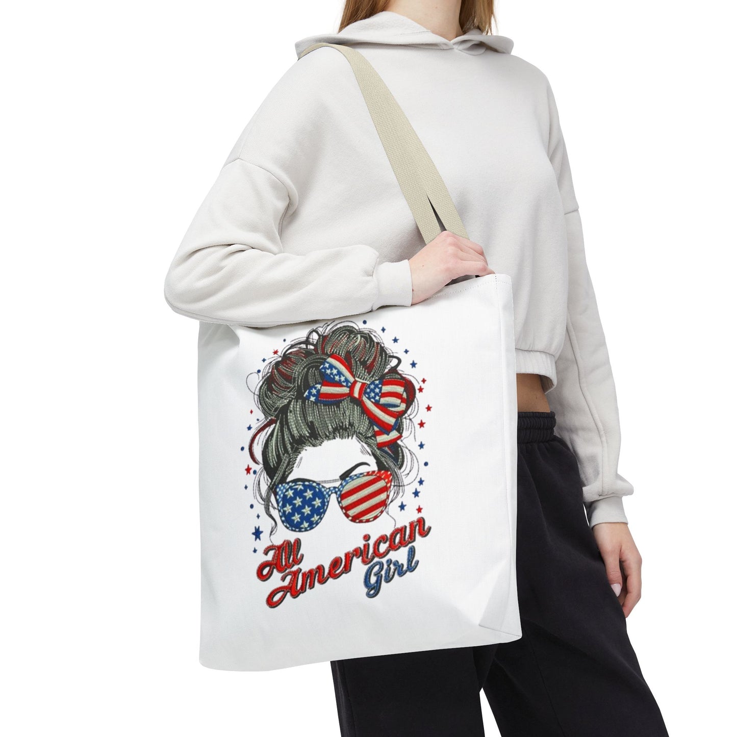 #250 "All American Girl" Patriotic Messy Bun Tote Bag