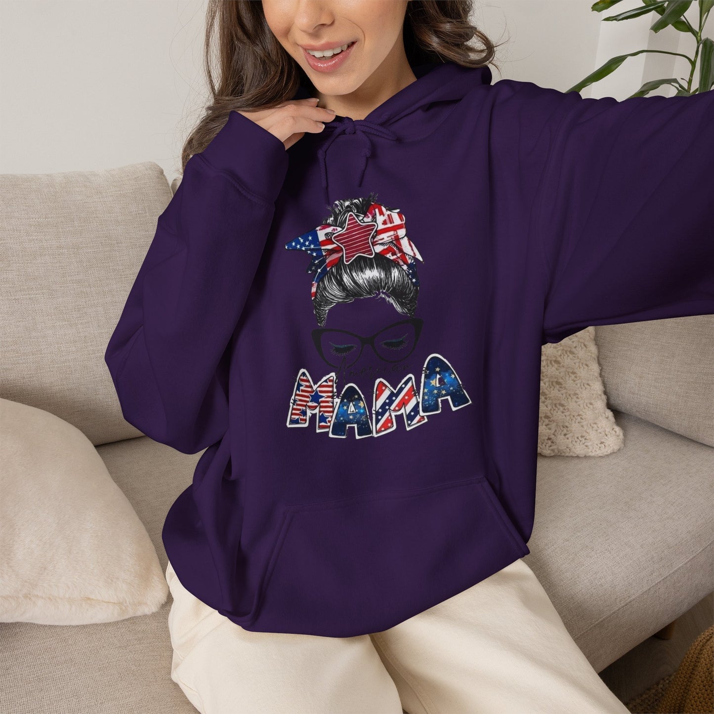 #250 Mama USA Flag Messy Bun Hoodie
