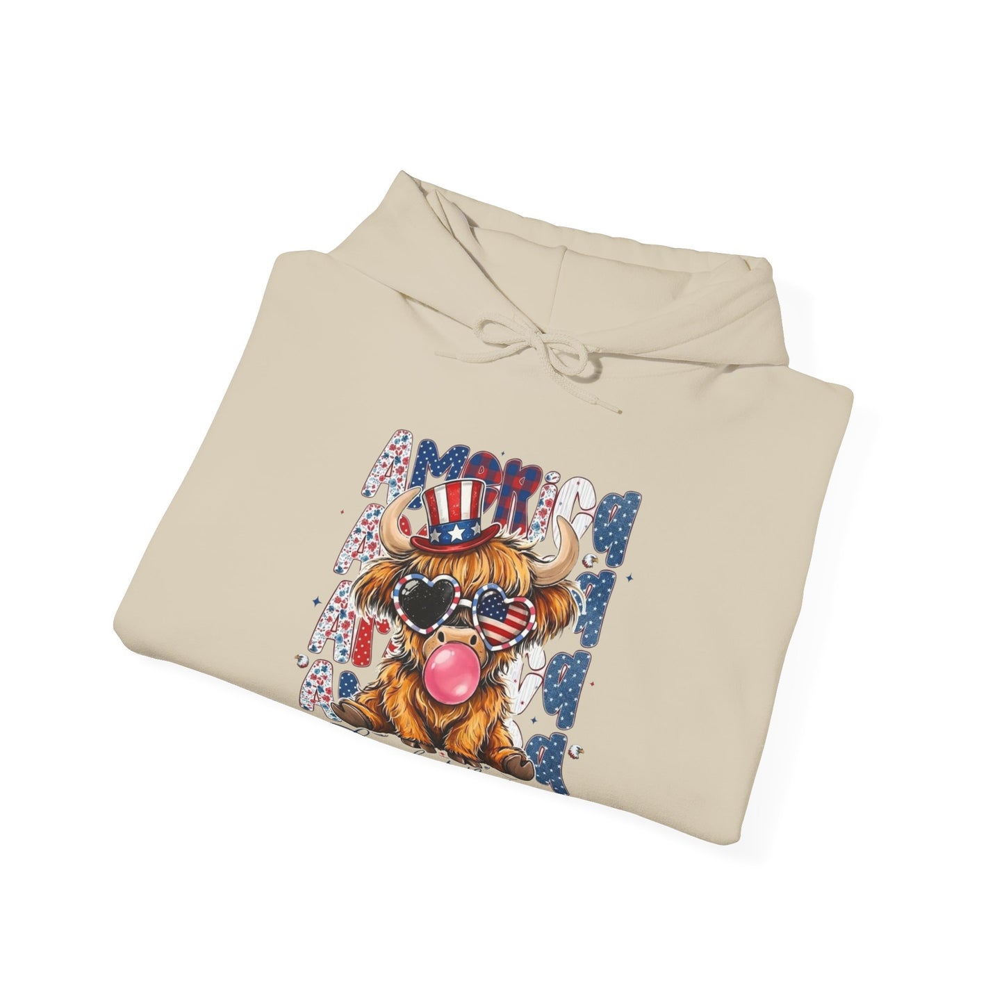 #250 American Flag Bubblegum Patriotic Highland Cow Hoodie