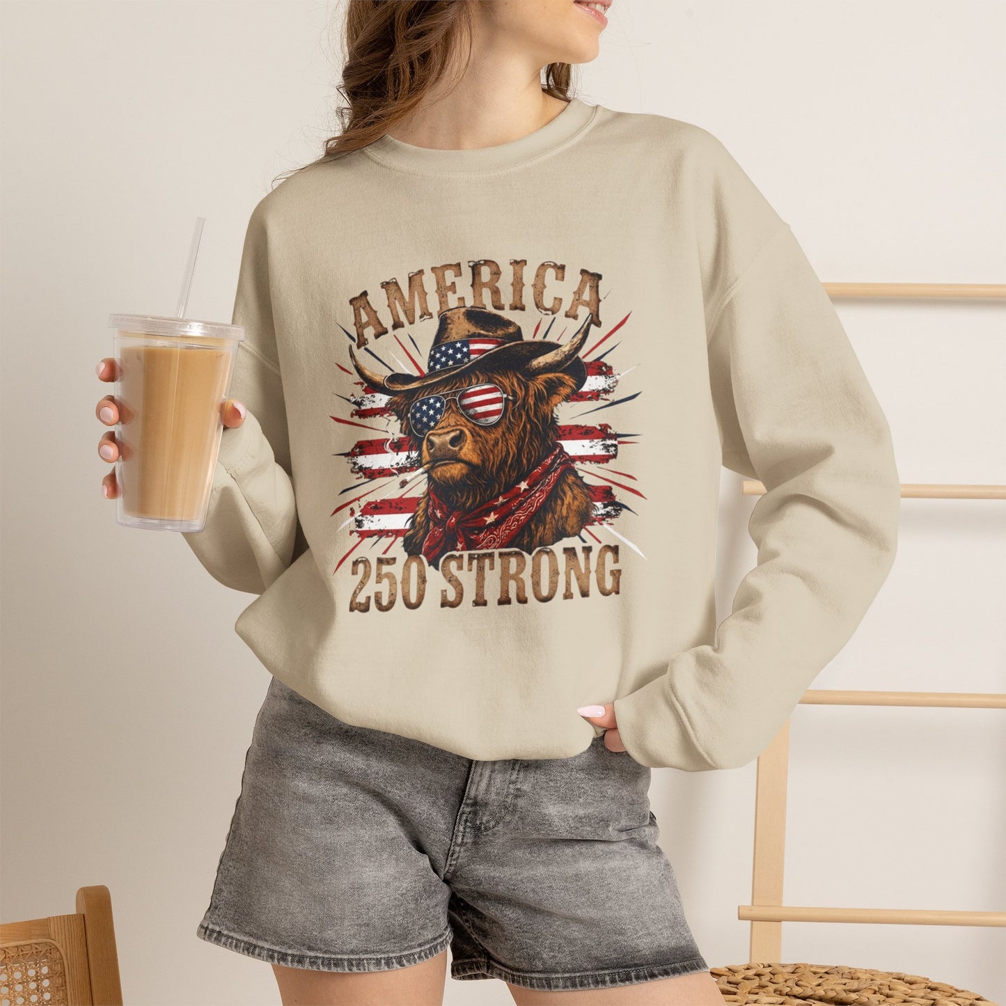 #250 America 250 Strong Patriotic Bull with American Flag Sweatshirt