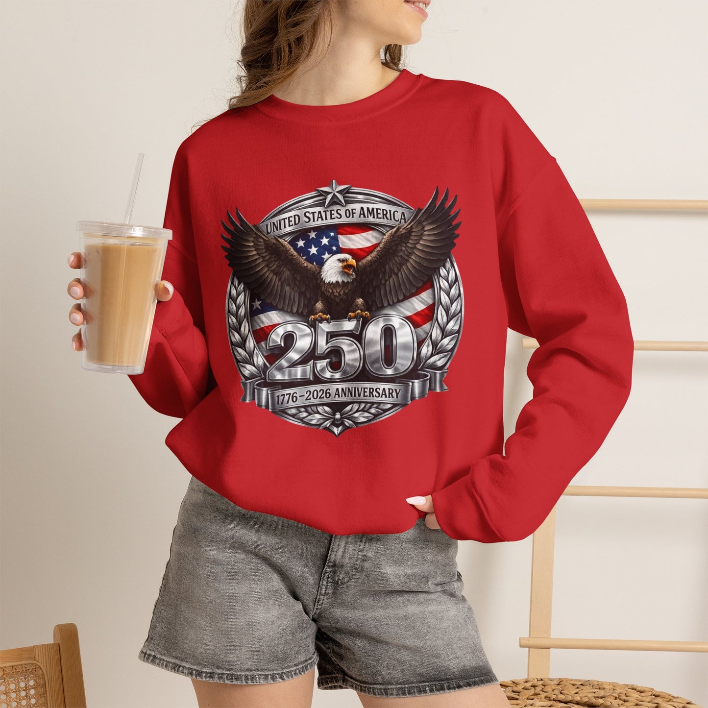 #250 Patriotic Bald Eagle 250 United States Emblem Crewneck Sweatshirt
