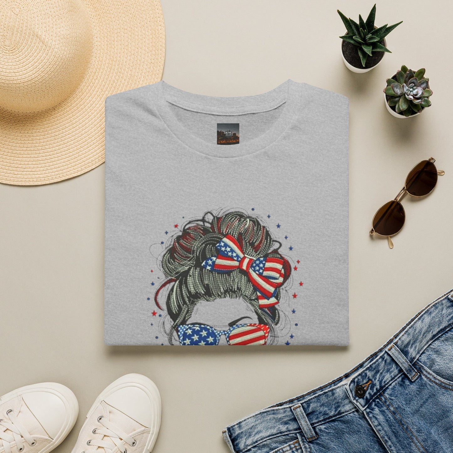 #250 "All American Girl" Patriotic Messy Bun T-Shirt