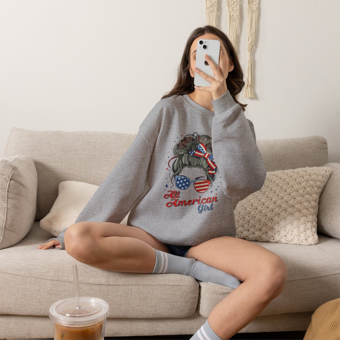 #250 "All American Girl" Patriotic Messy Bun Sweatshirt