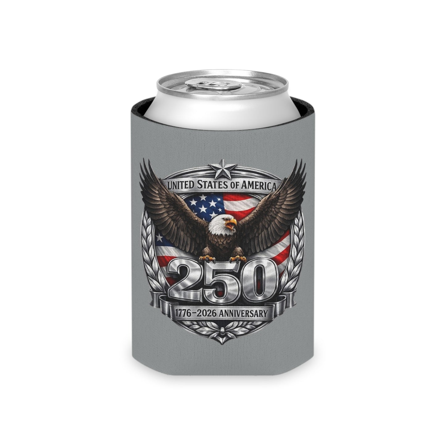#250 Patriotic Bald Eagle 250 United States Emblem Can Cooler - Beverage Koozie