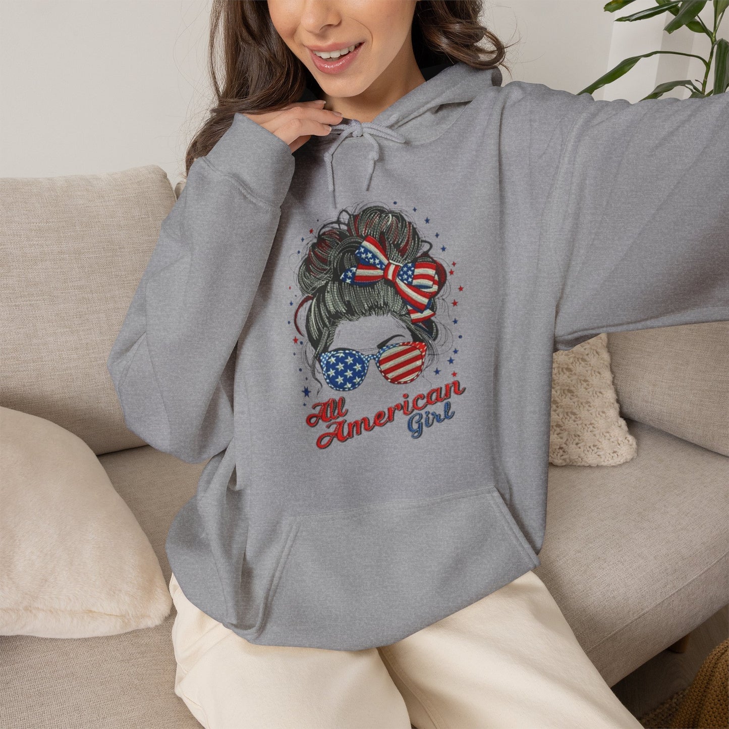 #250 "All American Girl" Patriotic Messy Bun Hoodie