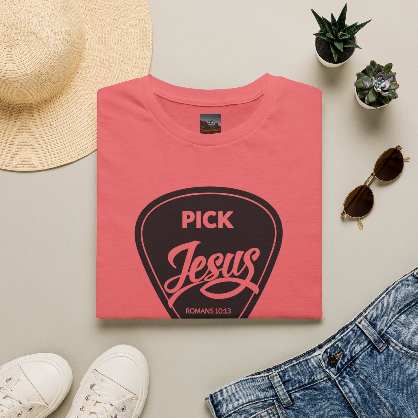 Pick Jesus T-Shirt — Christian Guitar Pick Design (Romans 10:13)