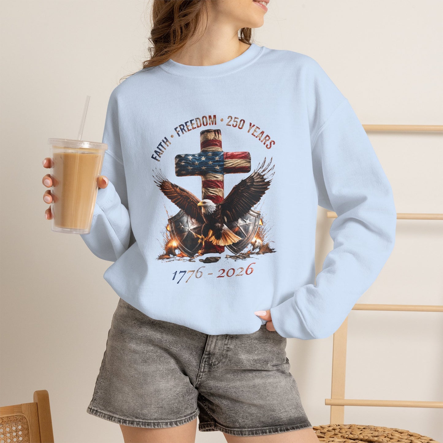 #250 Faith • Freedom 250 Years American Flag Cross & Eagle 1776-2026 Crewneck Sweatshirt