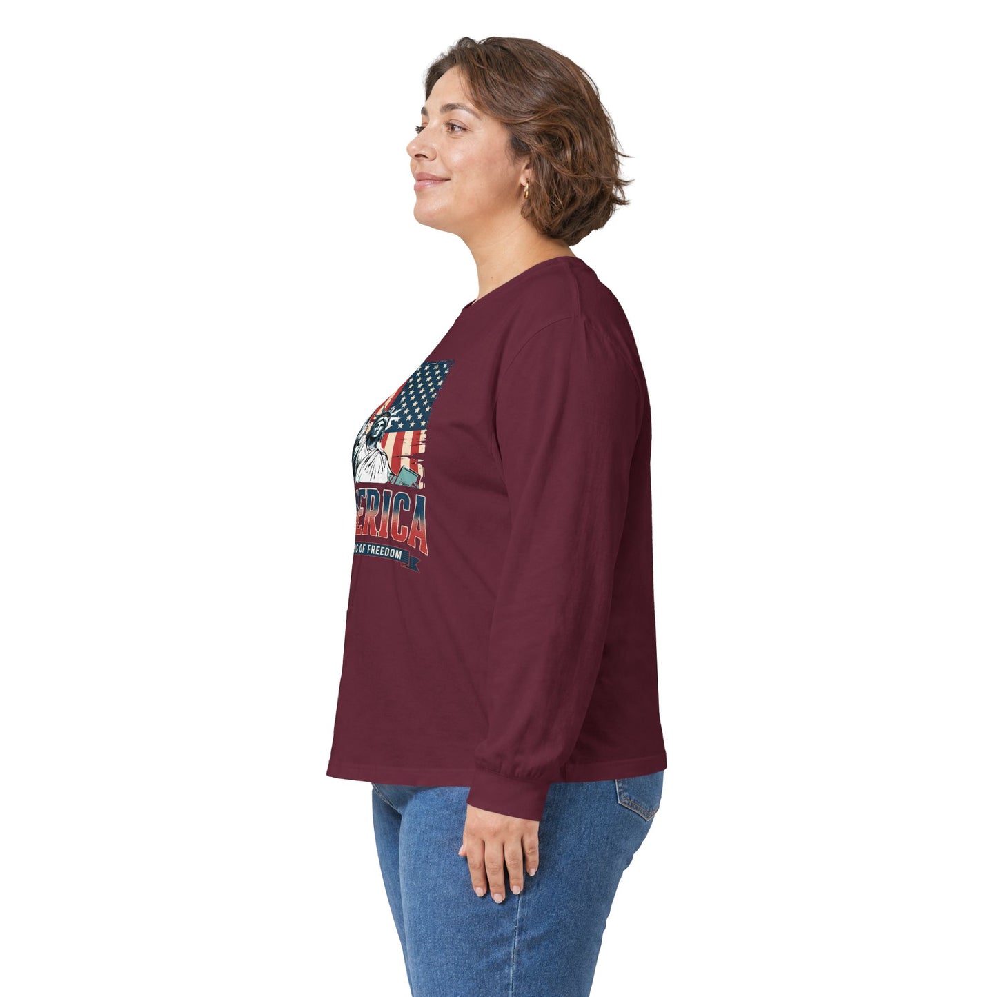 #250 Statue of Liberty American Flag 'America' Patriotic Independence Day Long Sleeve Tee
