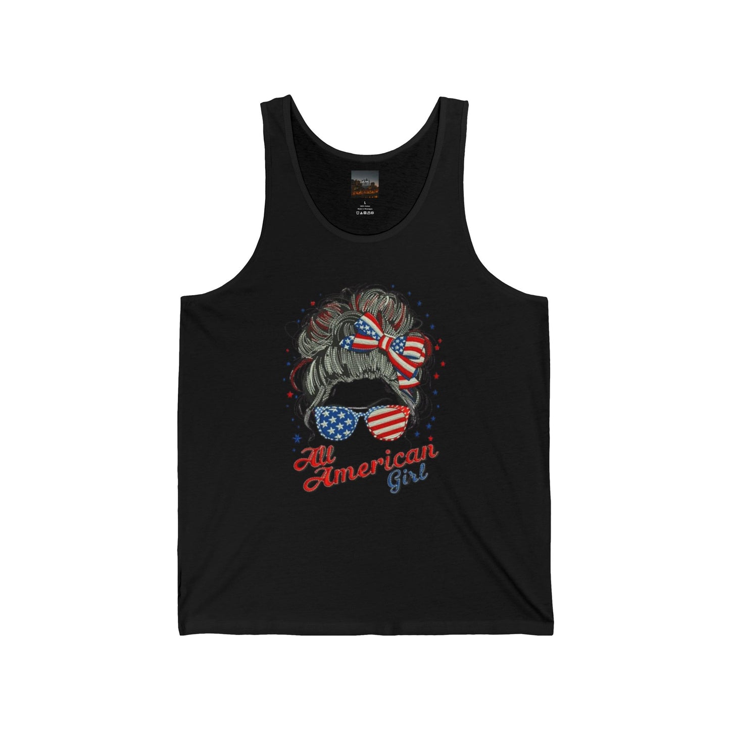 #250 "All American Girl" Patriotic Messy Bun Tank Top