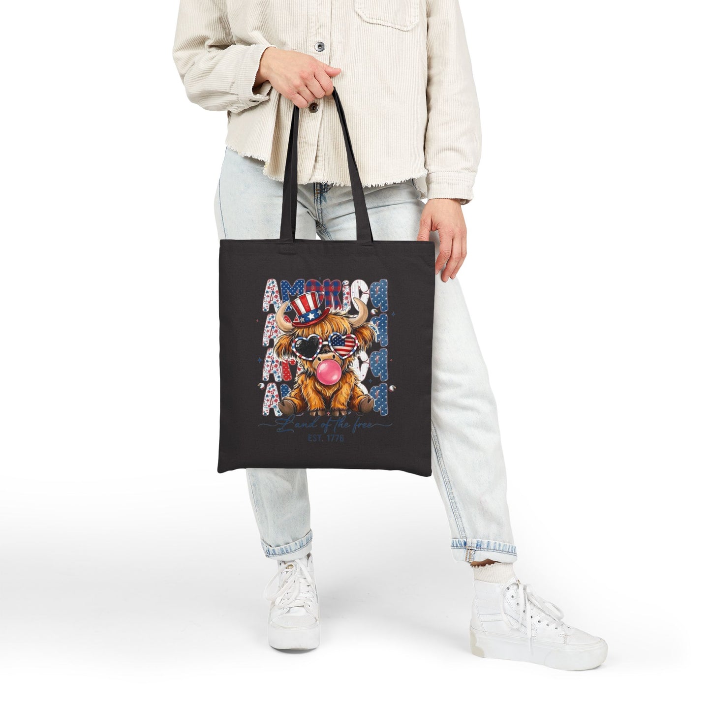 #250 American Flag Bubblegum Patriotic Highland Cow Canvas Tote Bag