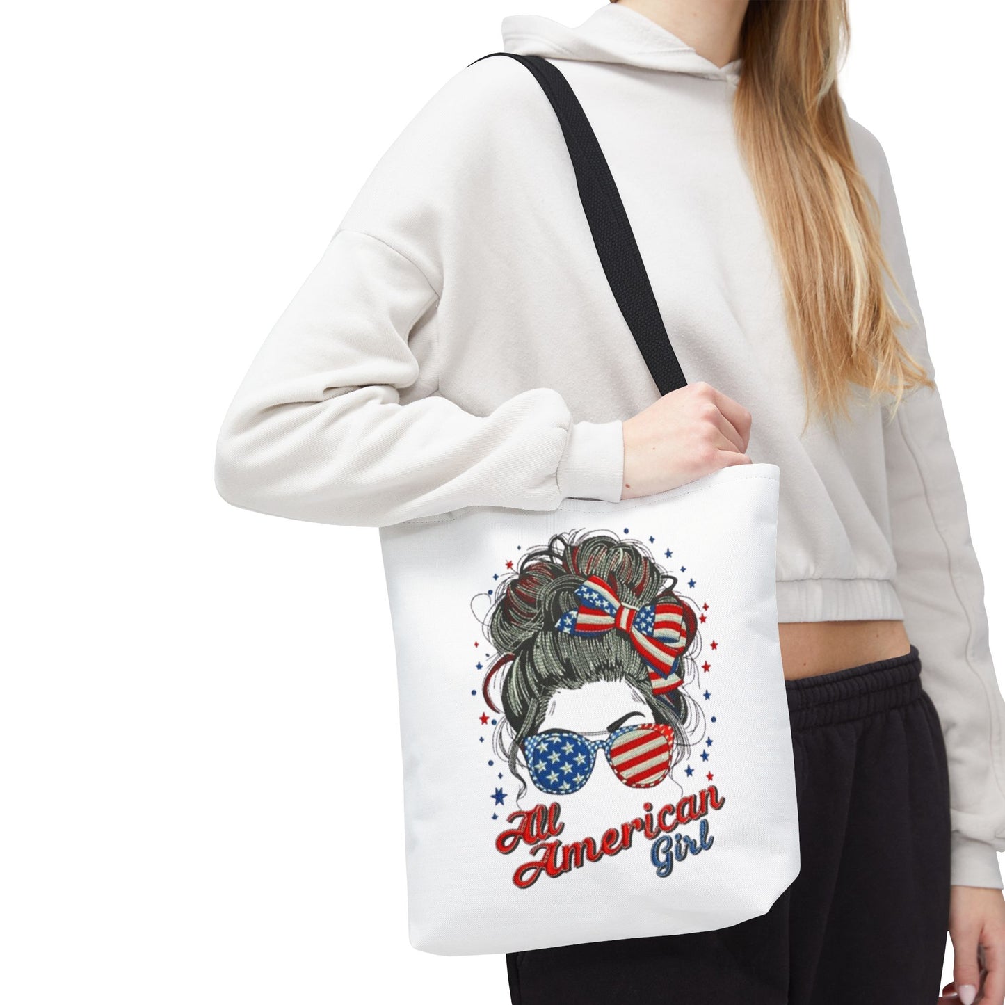 #250 "All American Girl" Patriotic Messy Bun Tote Bag