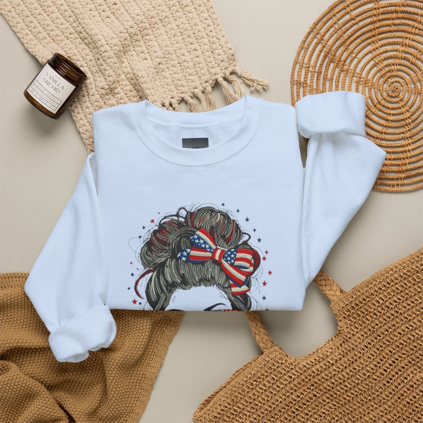 #250 "All American Girl" Patriotic Messy Bun Sweatshirt