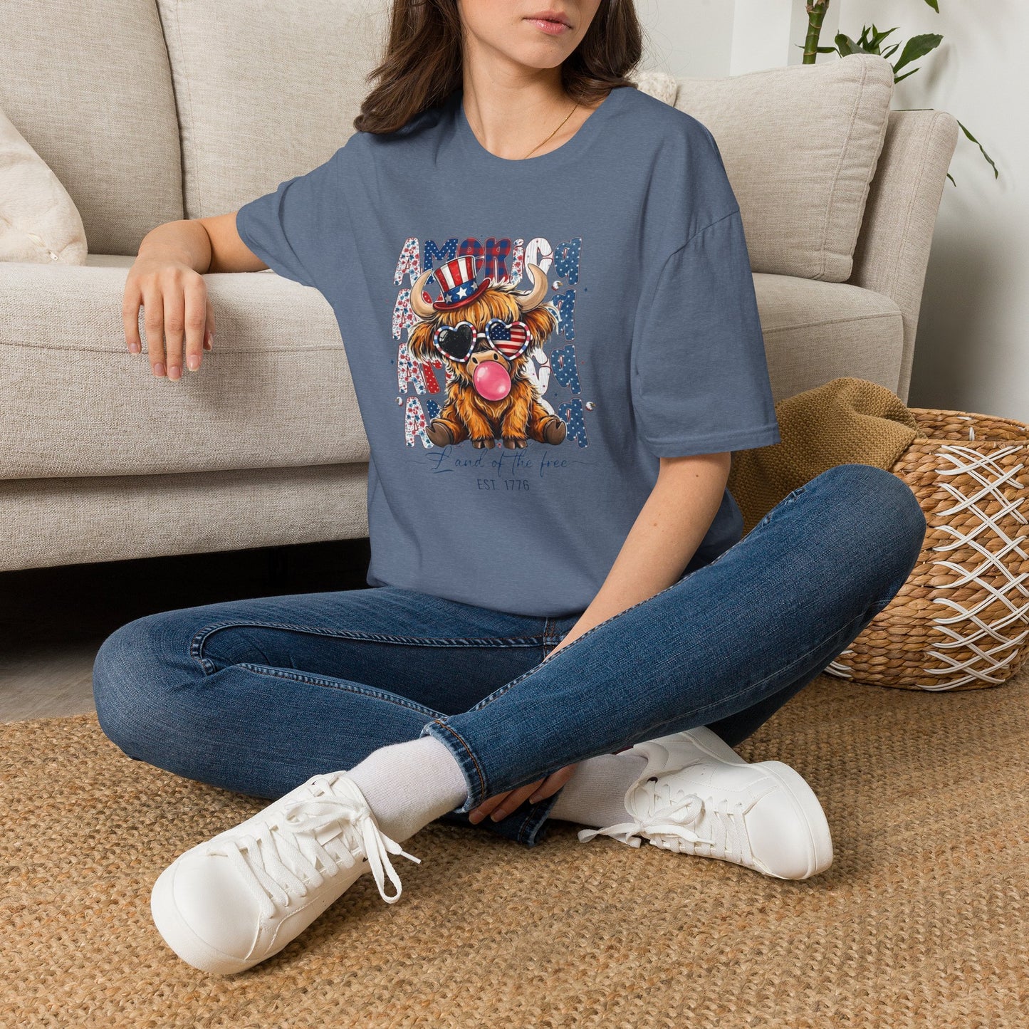 #250 American Flag Bubblegum Patriotic Highland Cow T-Shirt