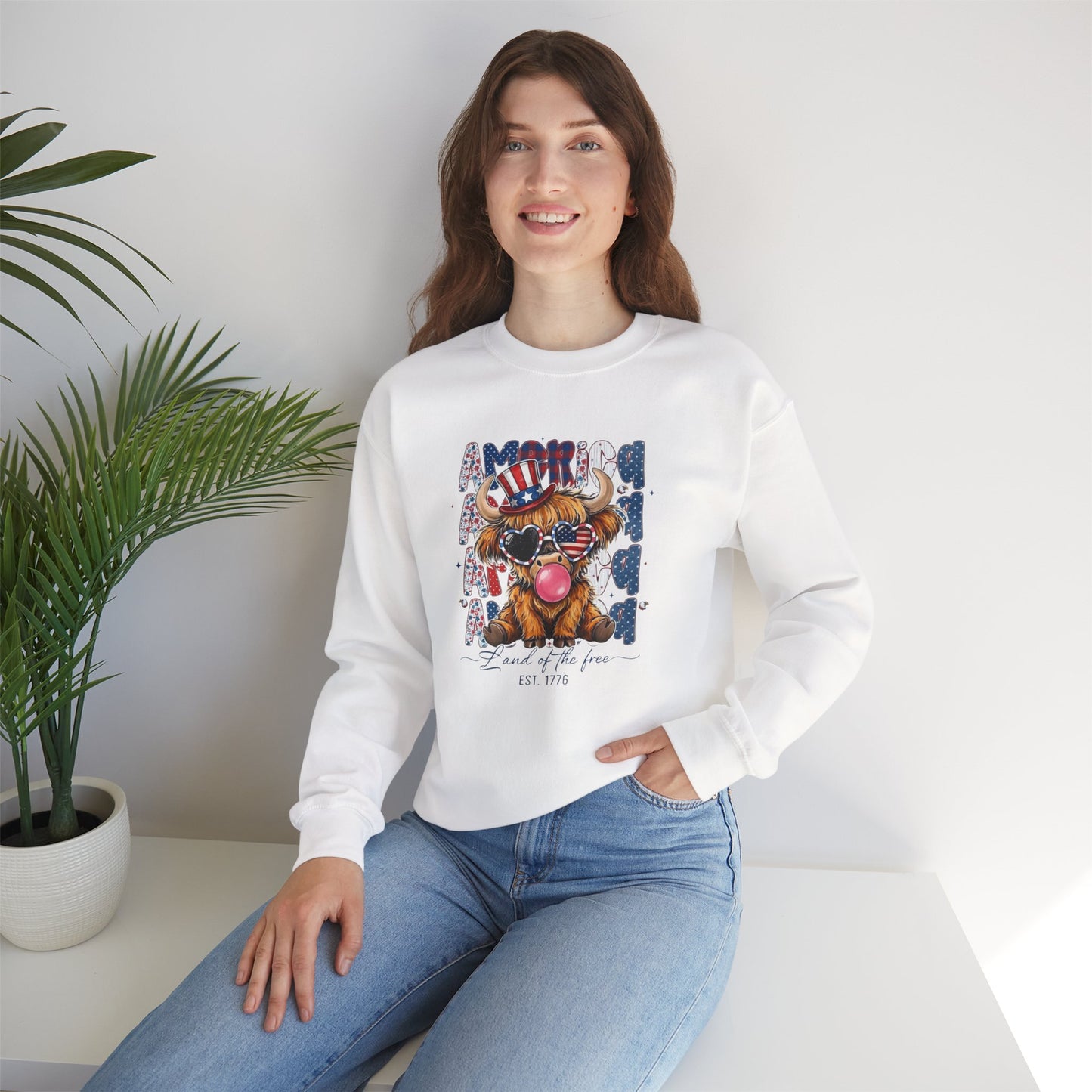 #250 American Flag Bubblegum Patriotic Highland Cow Sweatshirt