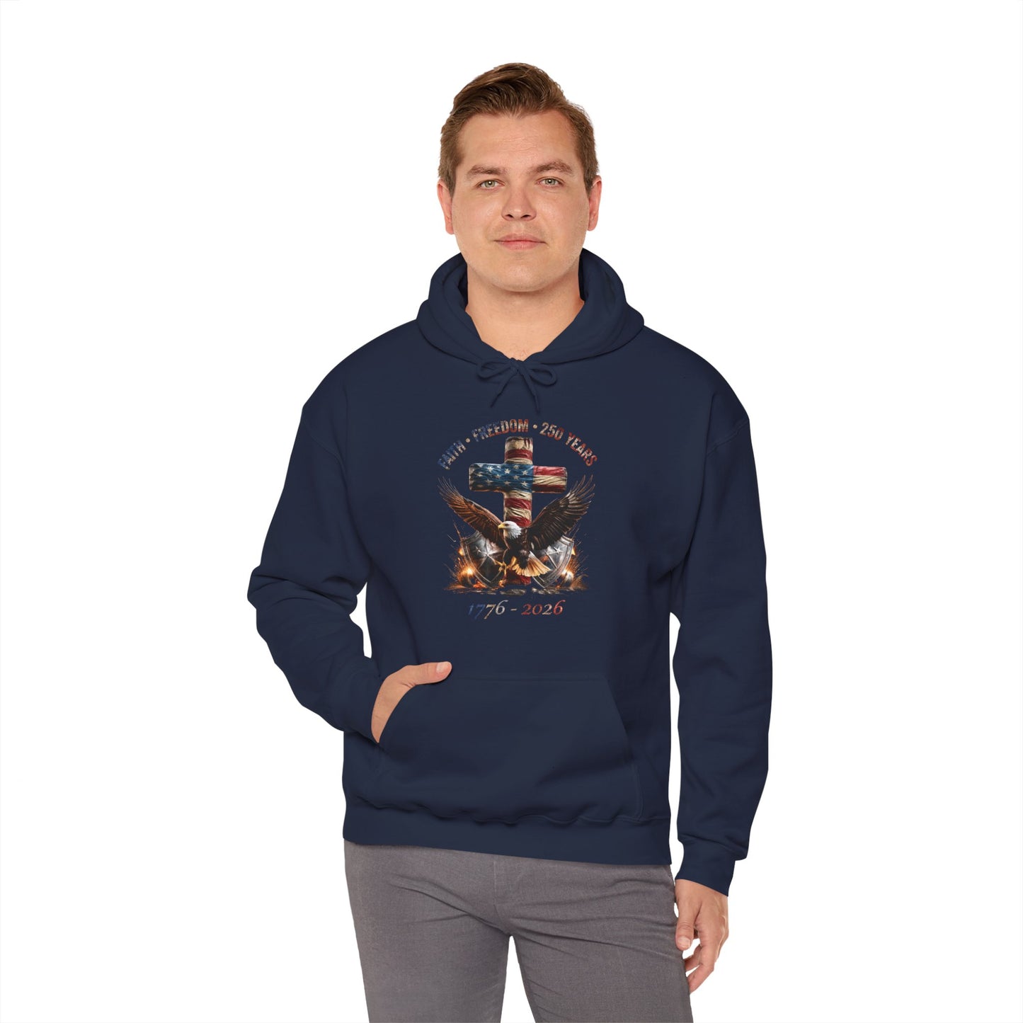 #250 Faith • Freedom 250 Years American Flag Cross & Eagle 1776-2026 Hoodie