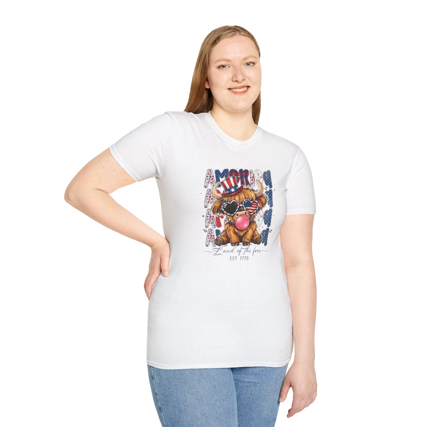 #250 American Flag Bubblegum Patriotic Highland Cow T-Shirt
