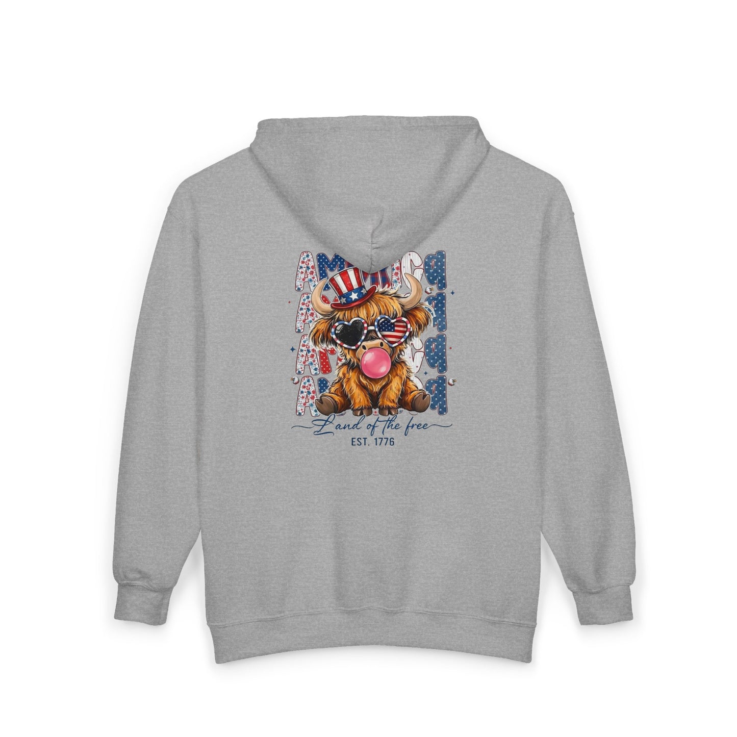 #250 American Flag Bubblegum Patriotic Highland Cow Zip Hoodie