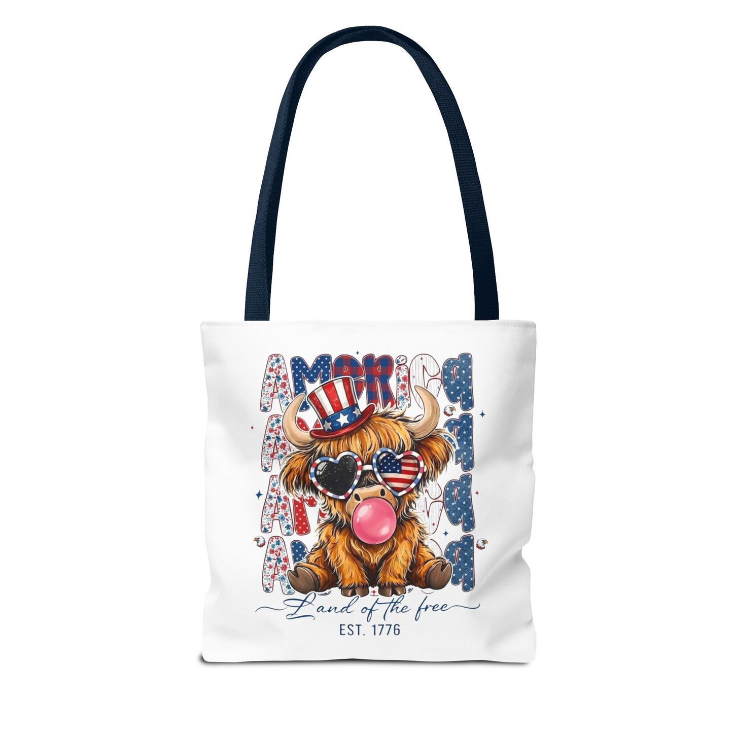#250 American Flag Bubblegum Patriotic Highland Cow Tote Bag