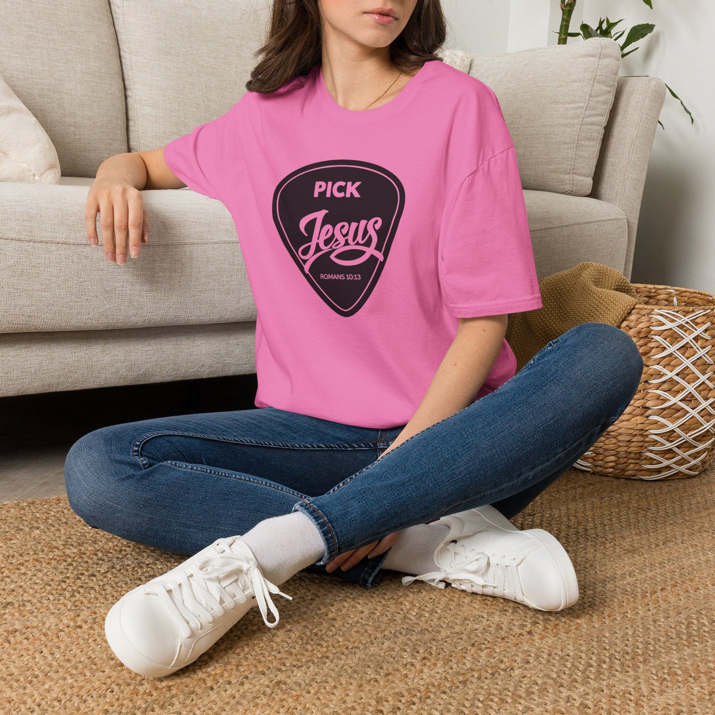 Pick Jesus T-Shirt — Christian Guitar Pick Design (Romans 10:13)