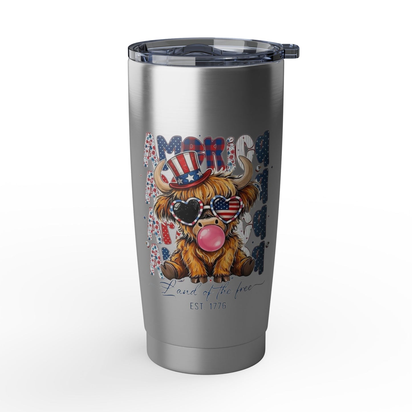 #250 American Flag Bubblegum Patriotic Highland Cow 20oz Stainless Travel Tumbler 'Vagabond'