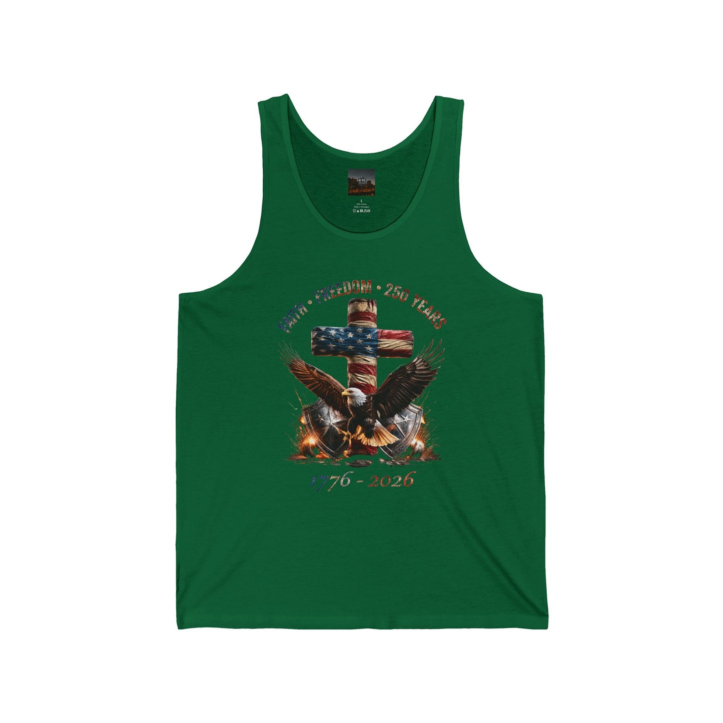 #250 Faith • Freedom 250 Years American Flag Cross & Eagle 1776-2026 Jersey Tank Top