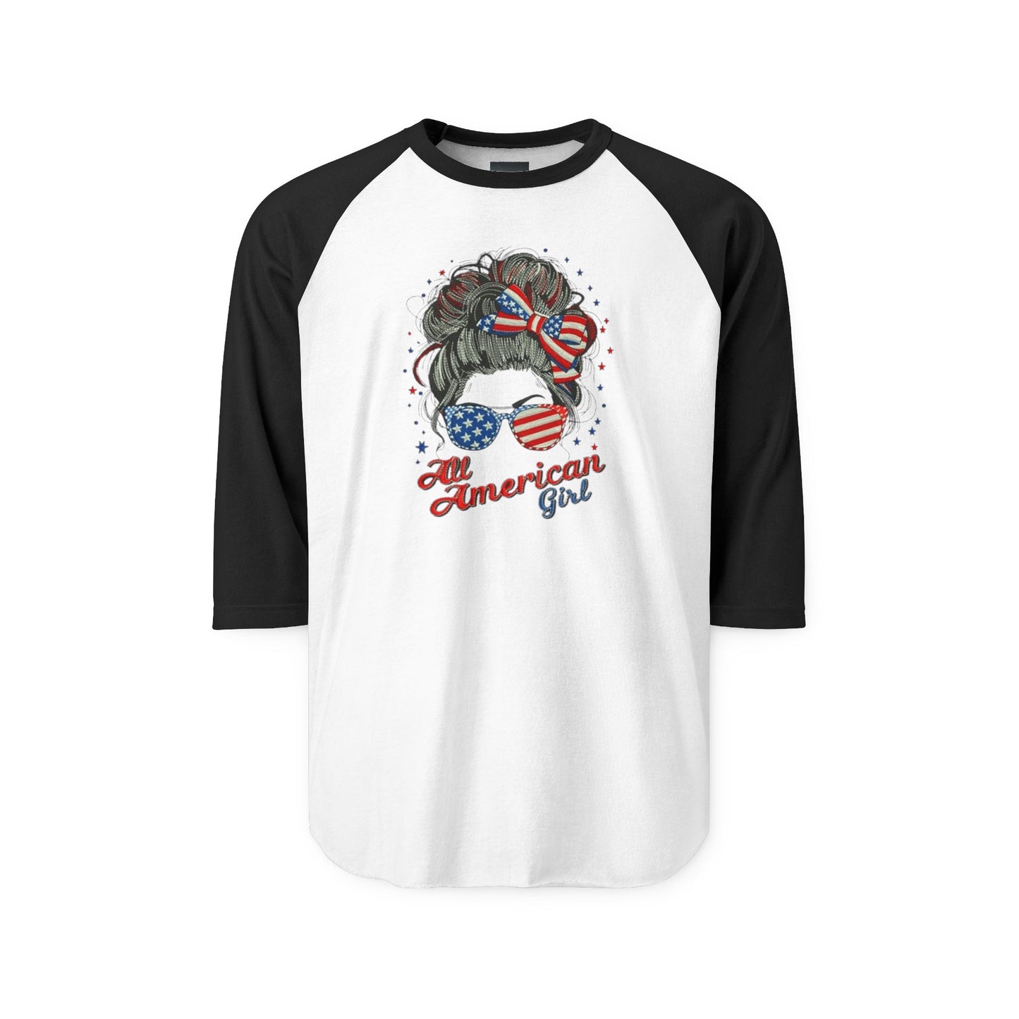 #250 "All American Girl" Patriotic Messy Bun Raglan 3/4 Sleeve Baseball Tee