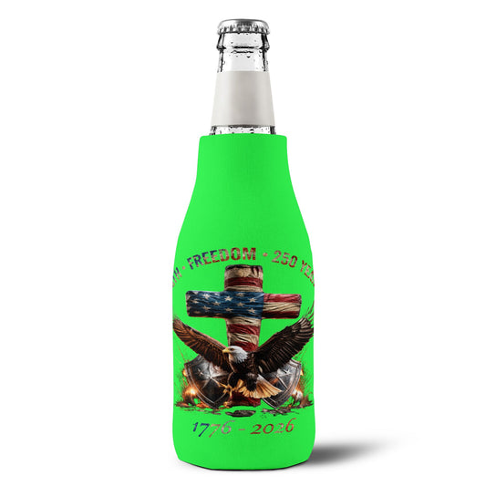 #250 Faith • Freedom 250 Years American Flag Cross & Eagle 1776-2026 Zip-Up Bottle Cooler Sleeve Koozie