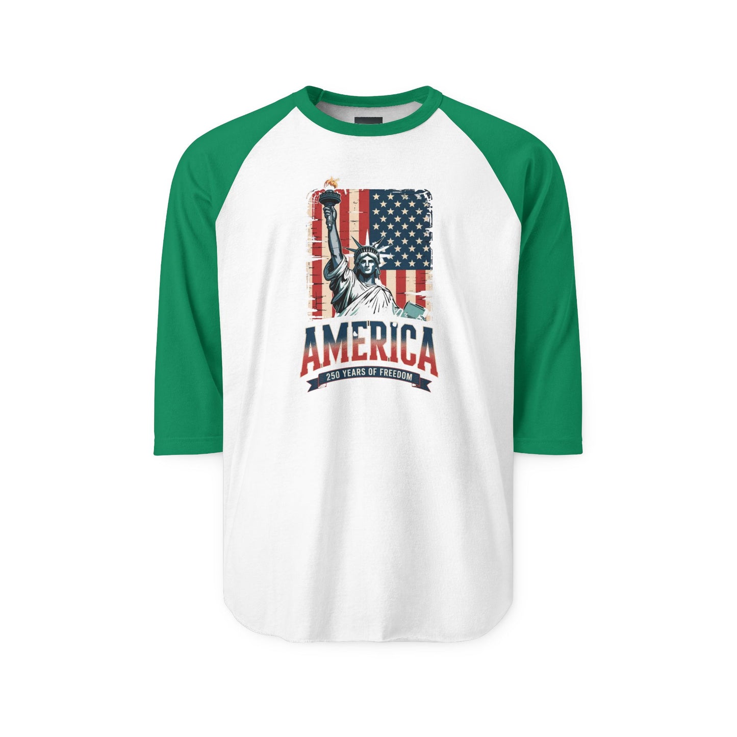 #250 Statue of Liberty American Flag 'America' Patriotic Independence Day Raglan Shirt Baseball Tee
