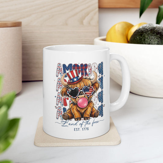 #250 American Flag Bubblegum Patriotic Highland Cow Ceramic Mug - 11oz & 15oz