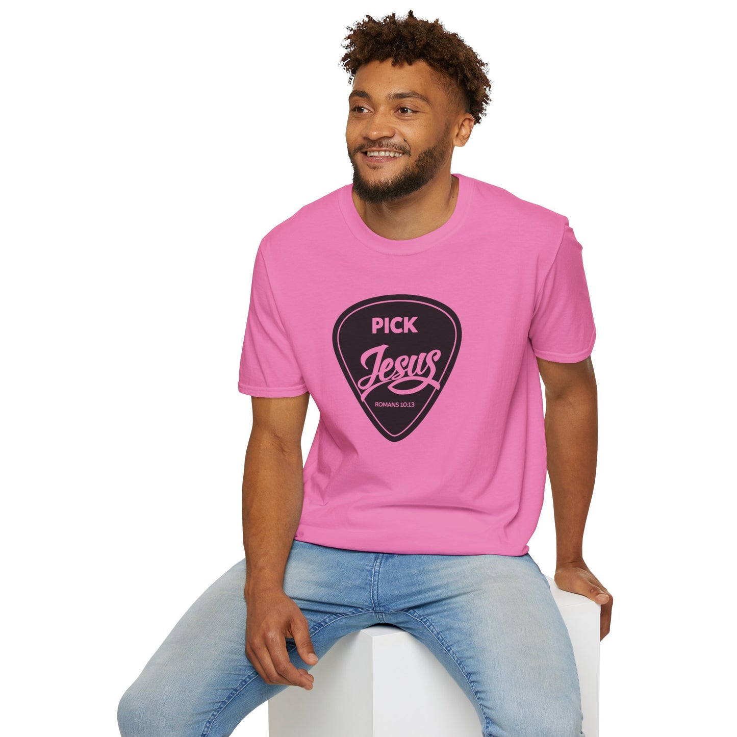 Pick Jesus T-Shirt — Christian Guitar Pick Design (Romans 10:13)