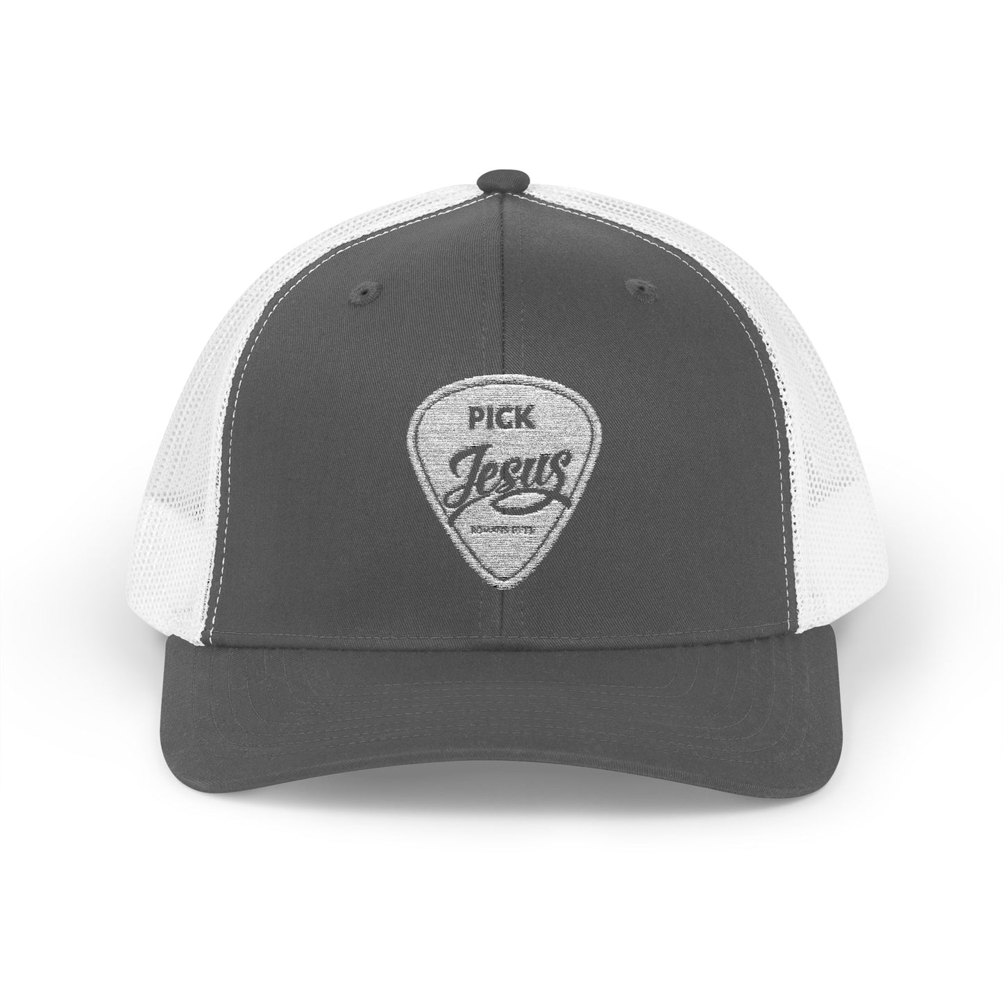 Pick Jesus Guitar Pick Snapback Trucker Cap Christian Guitar Pick Design (Romans 10:13)