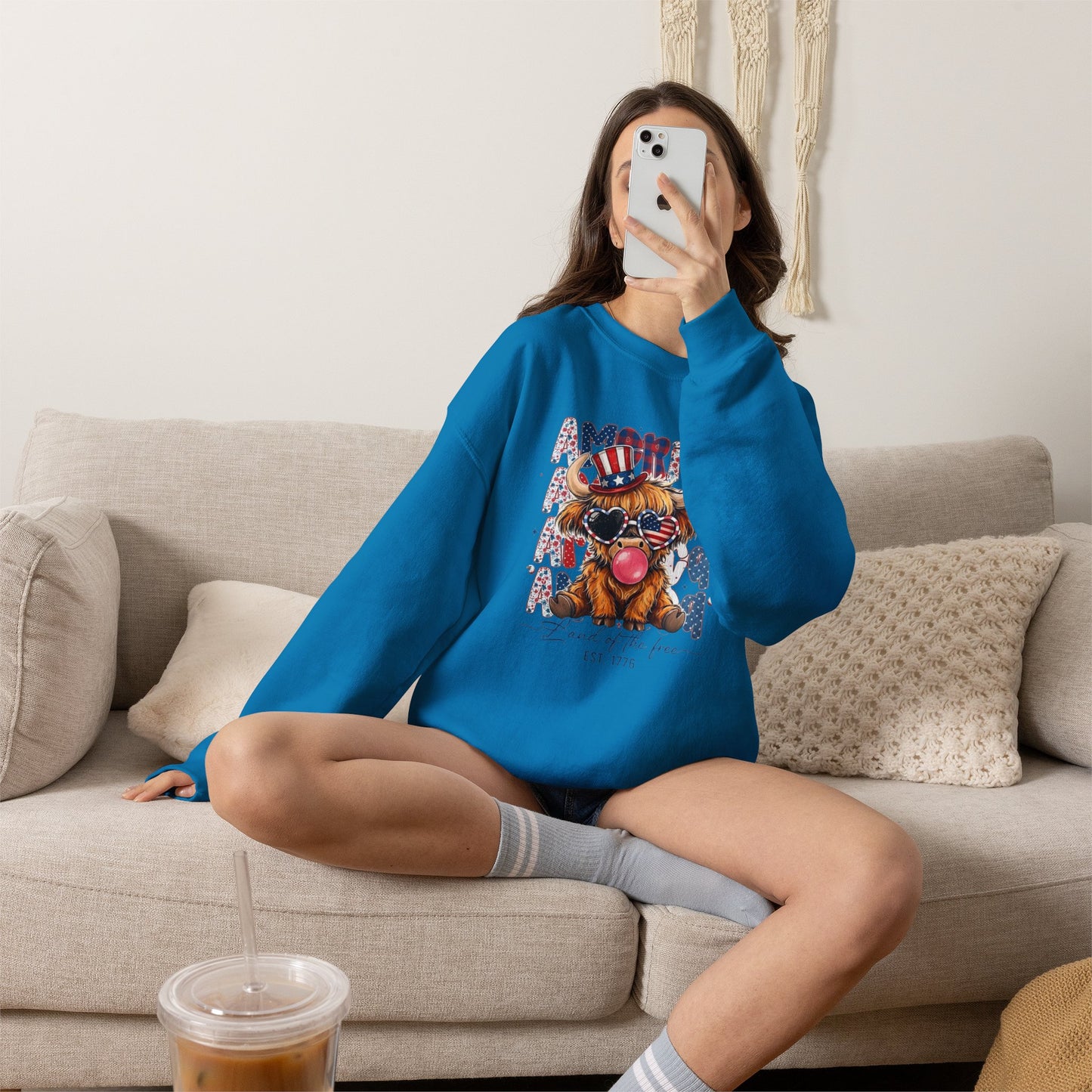 #250 American Flag Bubblegum Patriotic Highland Cow Sweatshirt