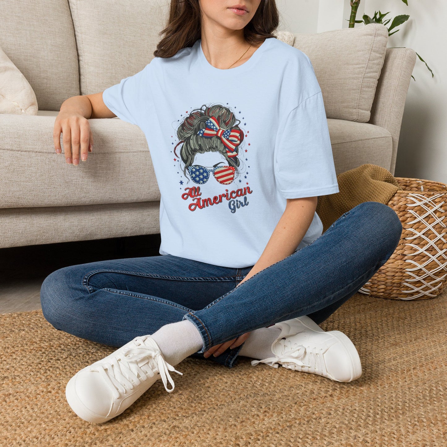 #250 "All American Girl" Patriotic Messy Bun T-Shirt