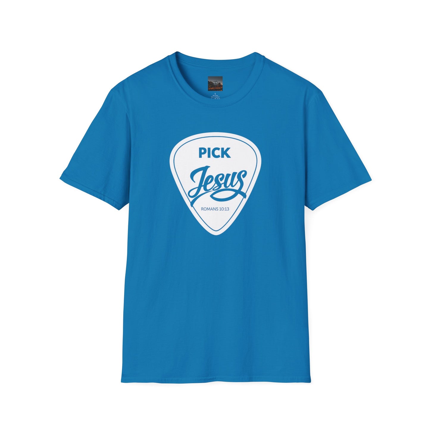 Pick Jesus T-Shirt — Christian Guitar Pick Design (Romans 10:13)