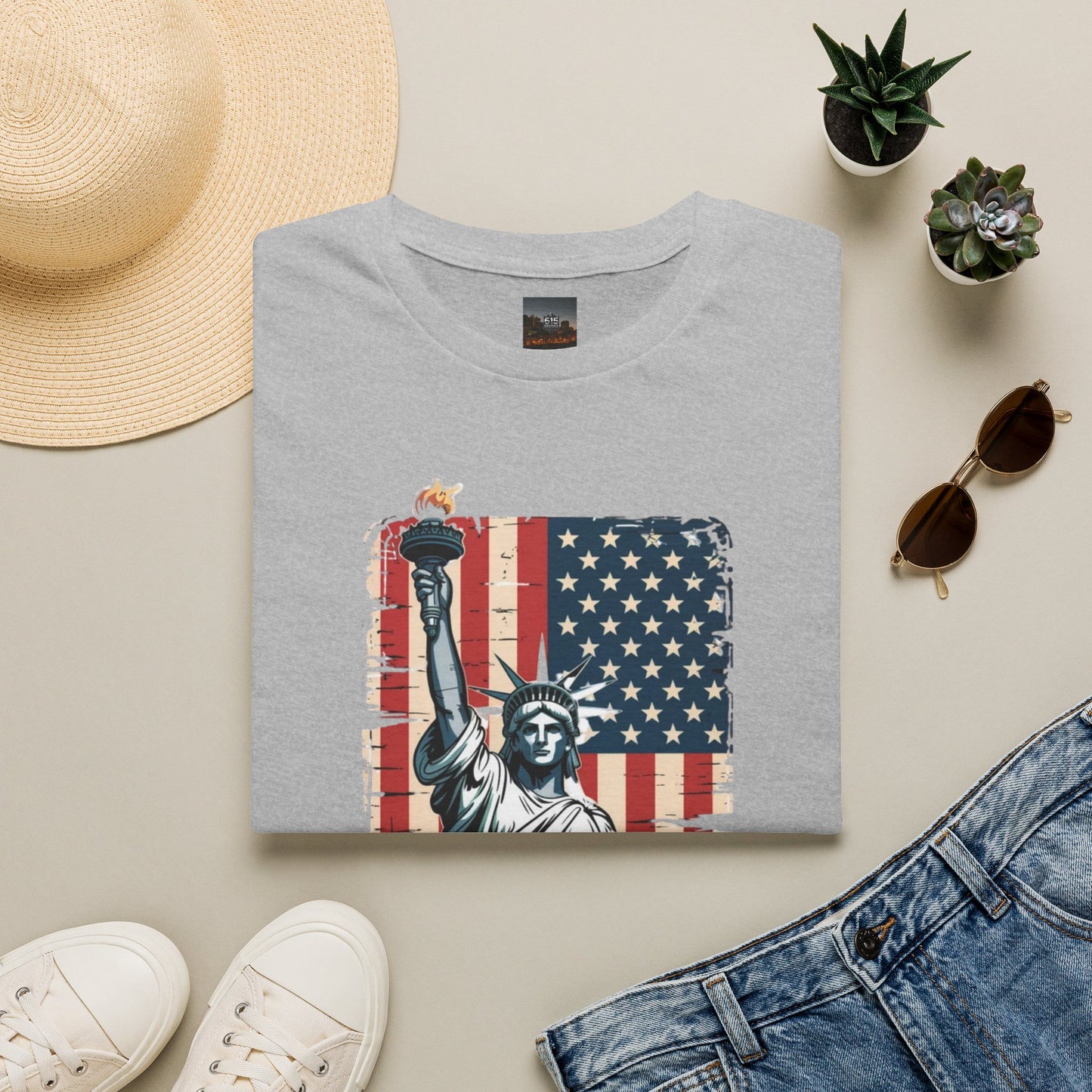 #250 Statue of Liberty American Flag 'America' Patriotic Independence Day T‑Shirt