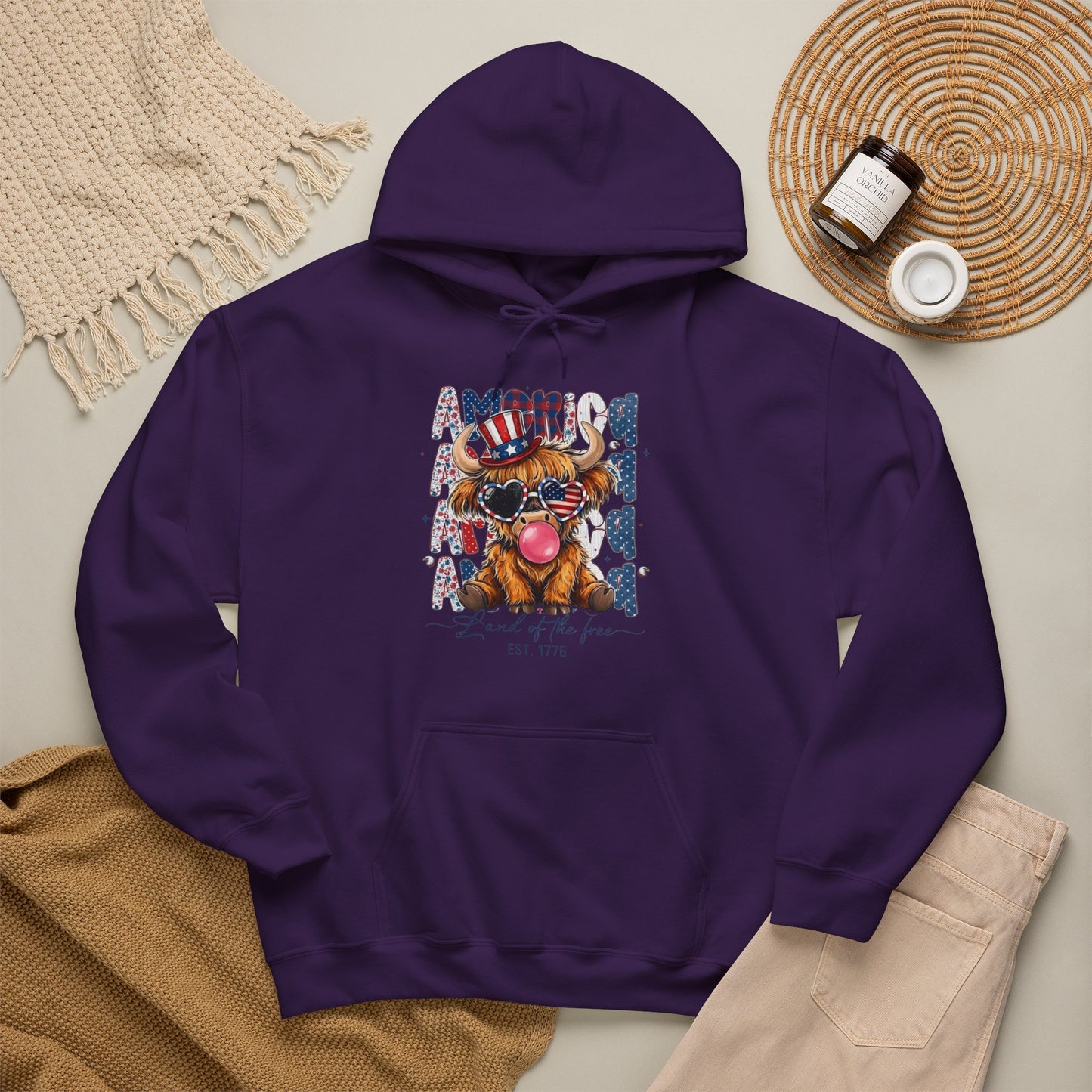 #250 American Flag Bubblegum Patriotic Highland Cow Hoodie