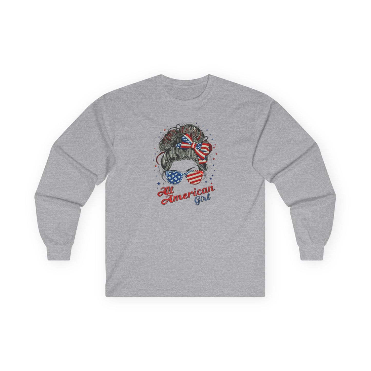 #250 "All American Girl" Patriotic Messy Bun Long Sleeve Tee