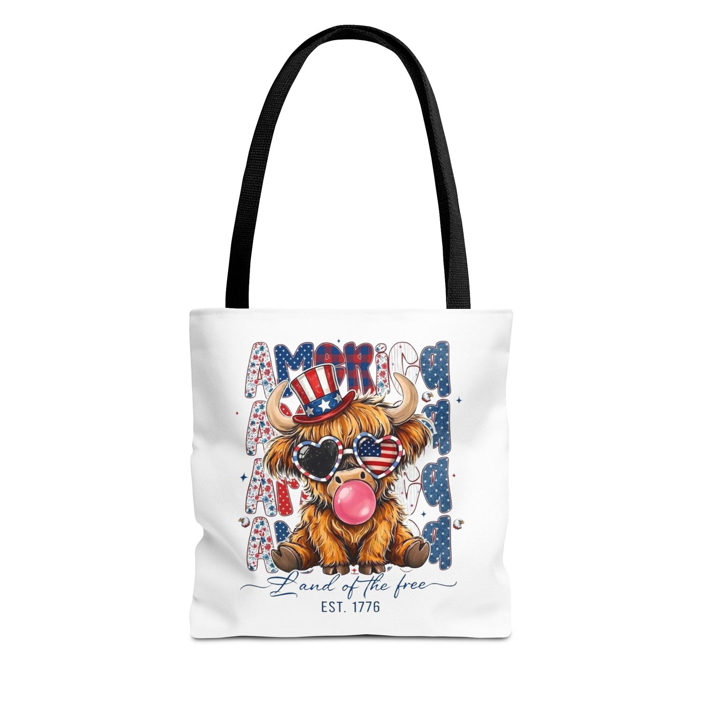 #250 American Flag Bubblegum Patriotic Highland Cow Tote Bag