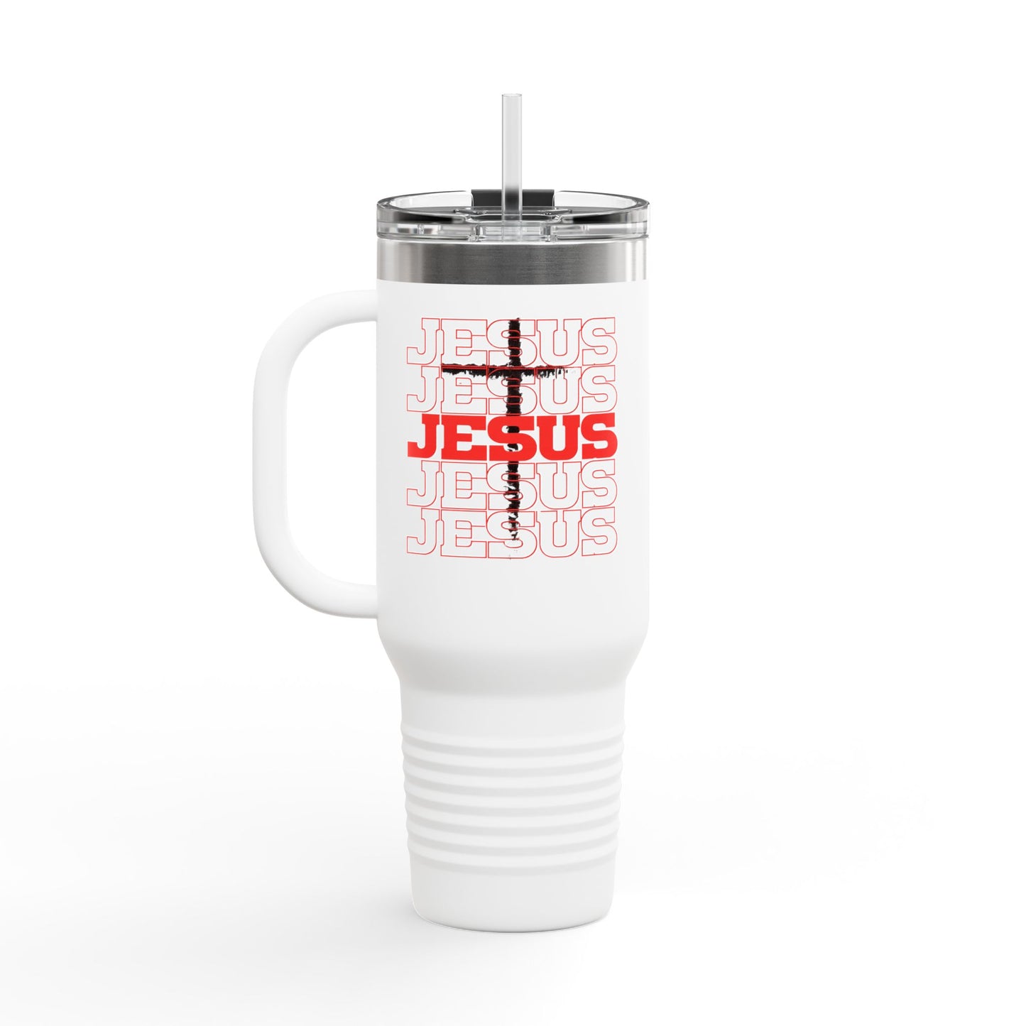 Jesus Cross Red Text Black Cross Graphic 40oz Insulated Travel Mug — Large Christian Tumbler with Straw