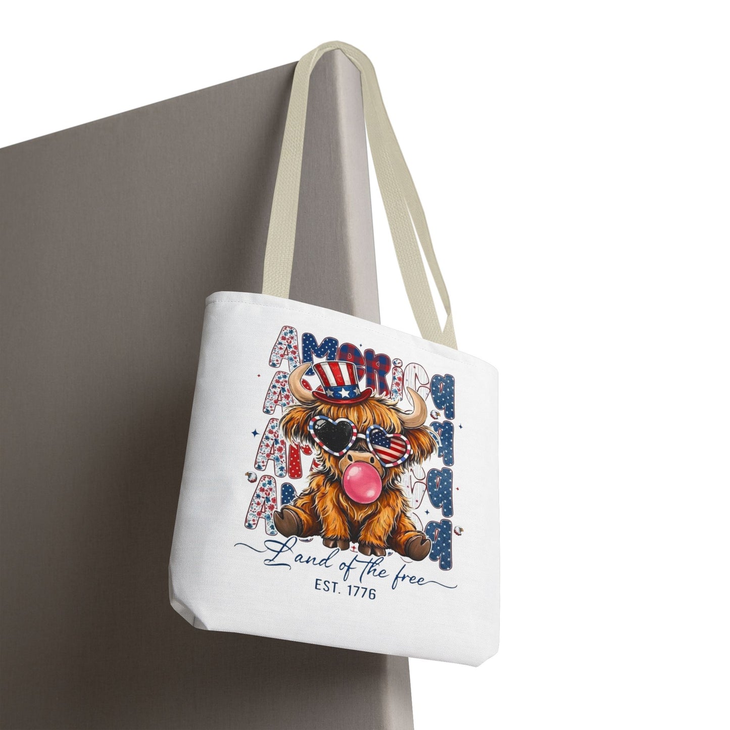 #250 American Flag Bubblegum Patriotic Highland Cow Tote Bag