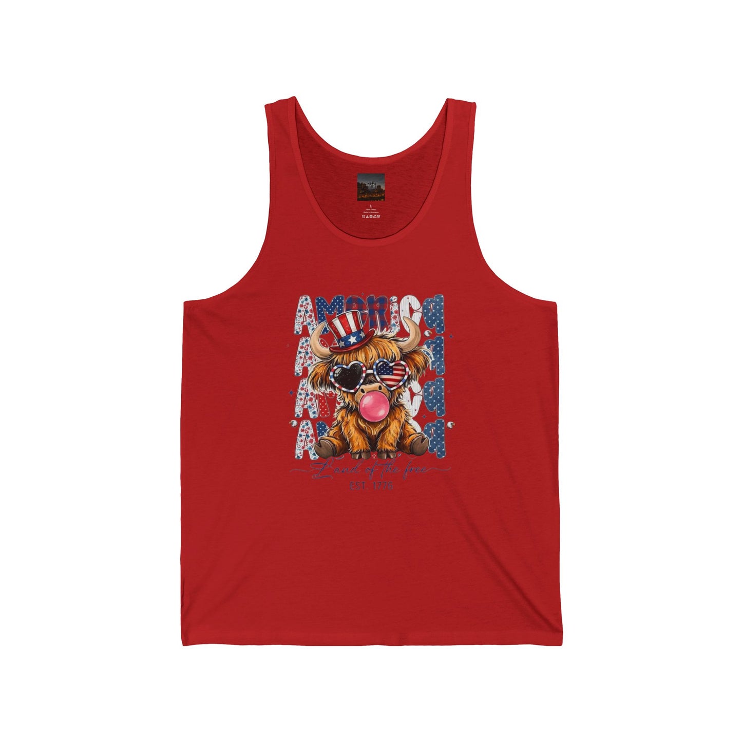 #250 American Flag Bubblegum Patriotic Highland Cow Tank Top