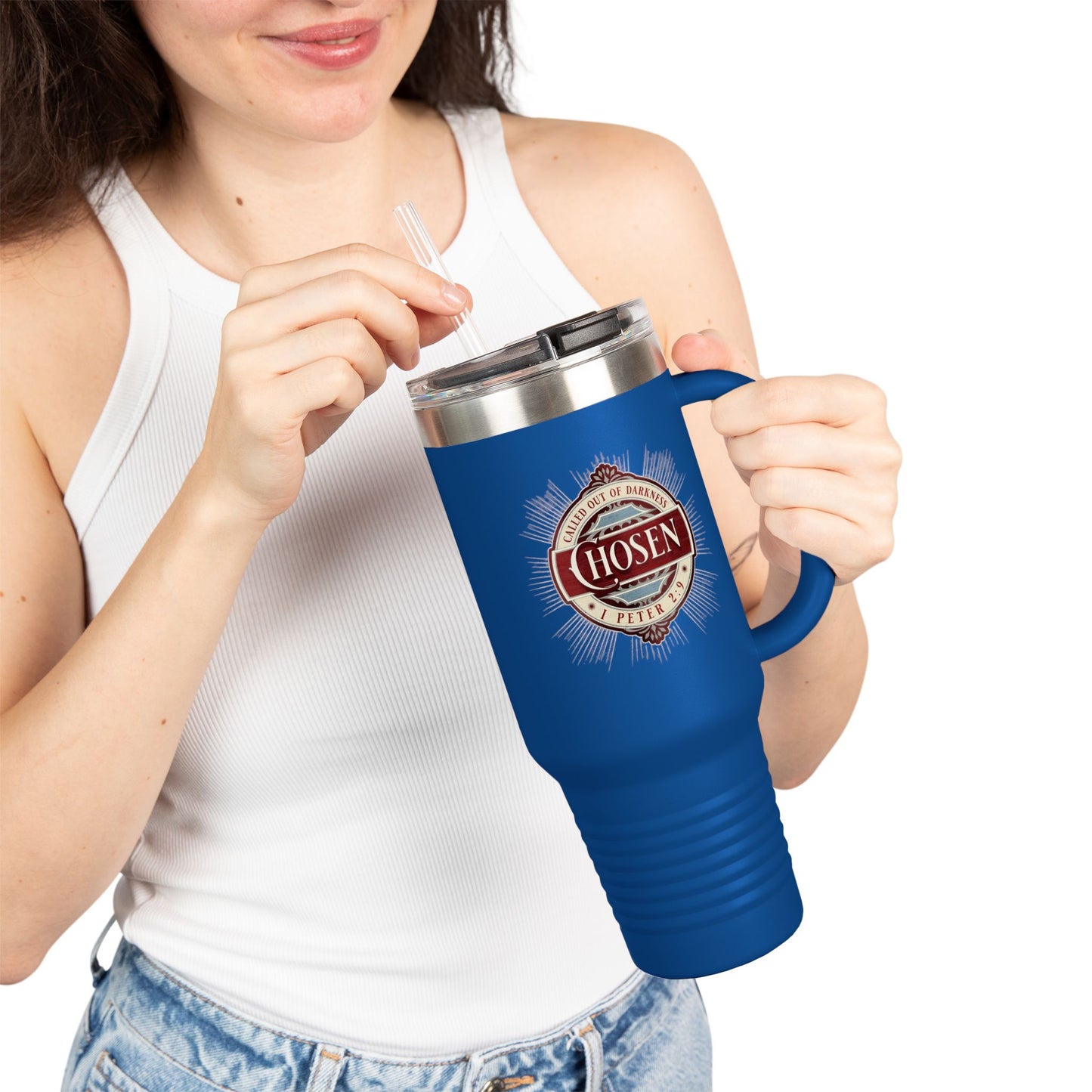 Chosen 40oz Insulated Travel Mug – "Called Out of Darkness" Faith Tumbler with Handle, Vacuum-Sealed