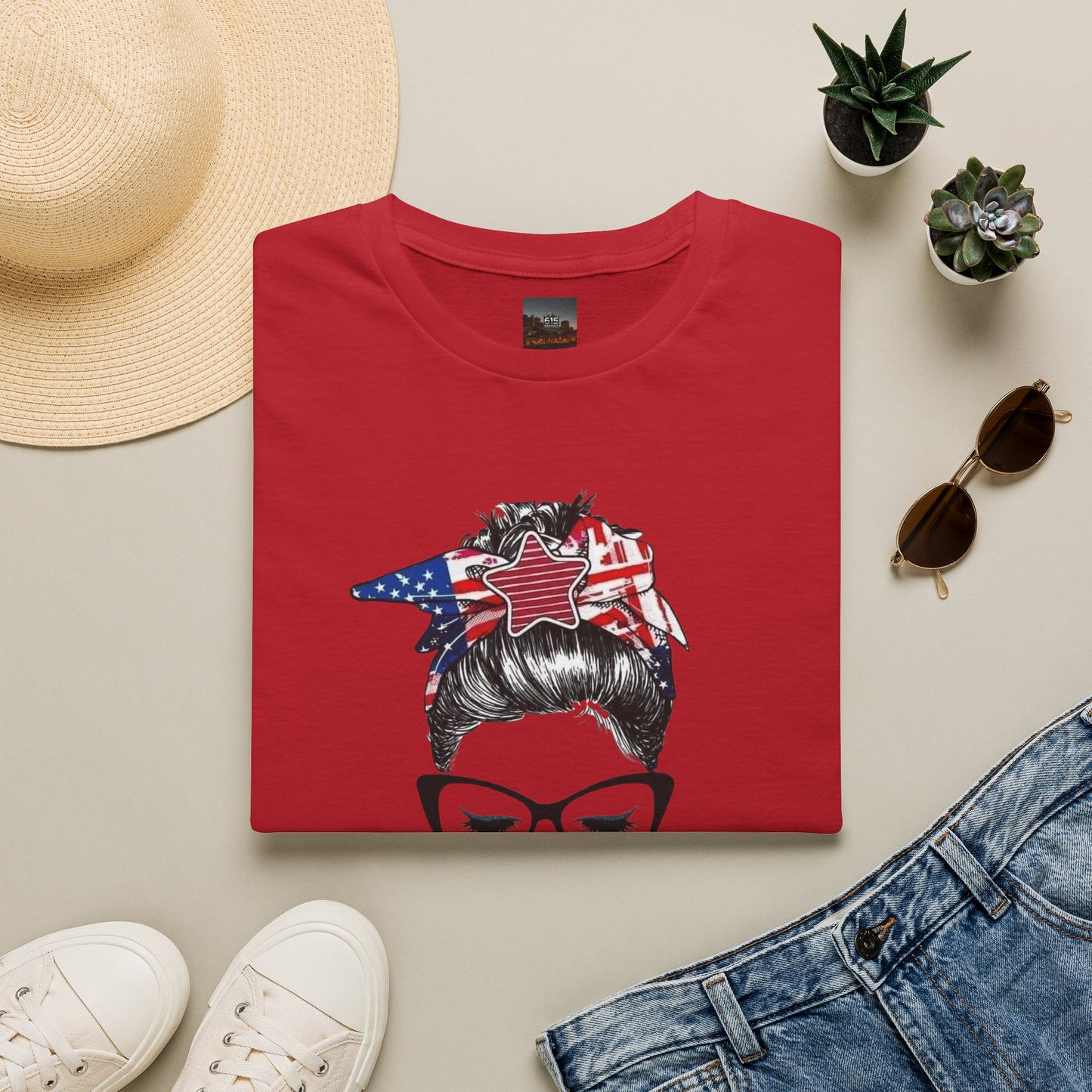 Mama USA Flag Messy Bun T-Shirt