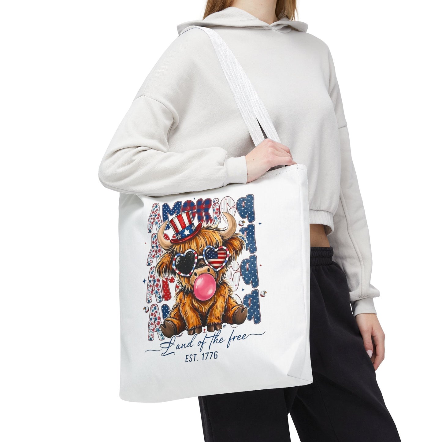 #250 American Flag Bubblegum Patriotic Highland Cow Tote Bag