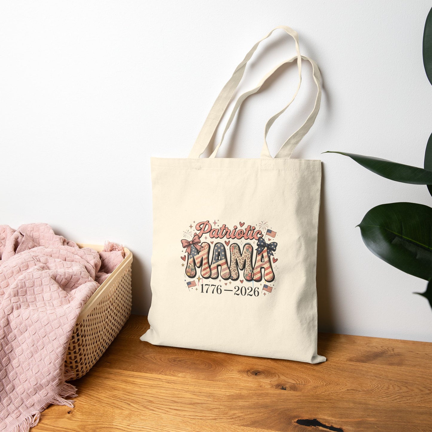 #250 Patriotic Mama 1776–2026 American Flag Canvas Tote Bag