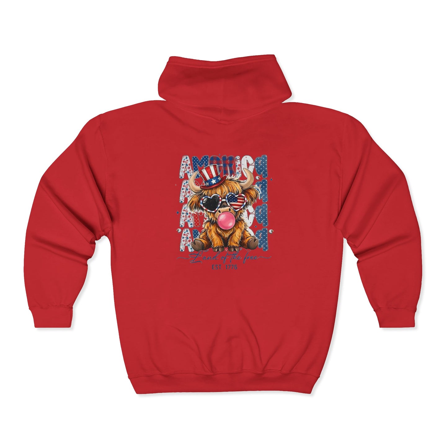 #250 American Flag Bubblegum Patriotic Highland Cow Zip Hoodie