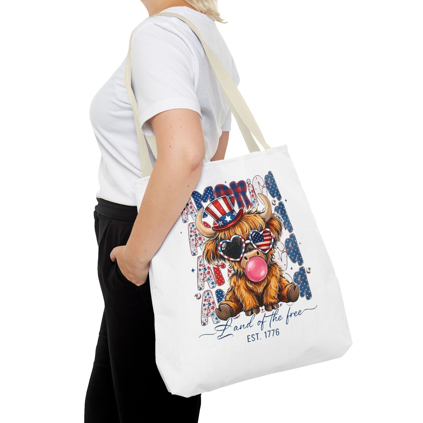 #250 American Flag Bubblegum Patriotic Highland Cow Tote Bag