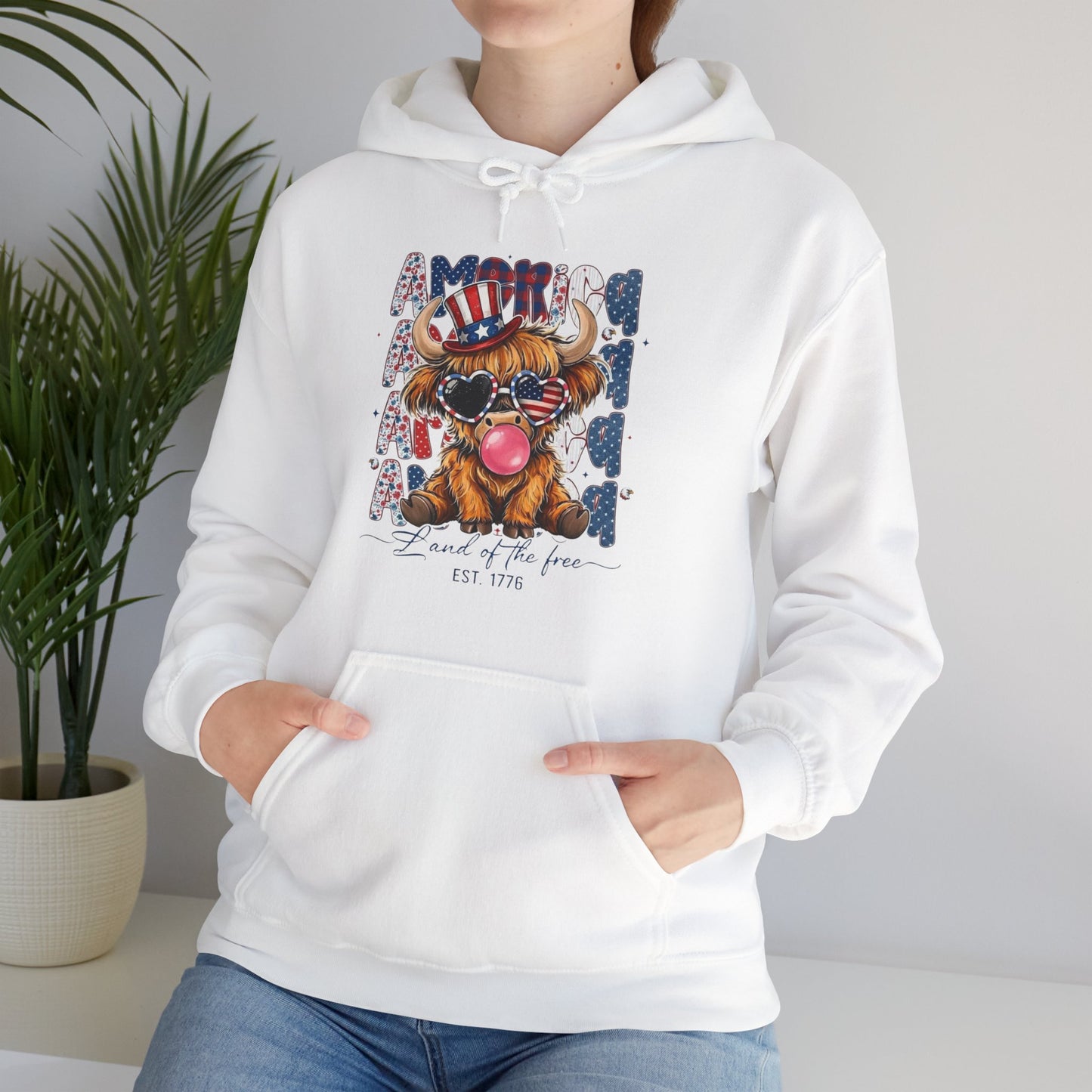 #250 American Flag Bubblegum Patriotic Highland Cow Hoodie
